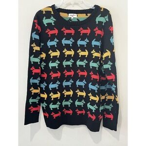 Pepaloves Sweater Women's Large Black Rainbow Dogs Crewneck Novelty Long Sleeve